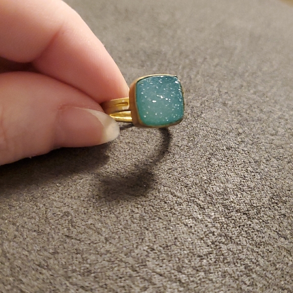 Aqua Druzy Quartz Ring – Gold-Tone Adjustable Band Sparkling Square Gemstone - Picture 3 of 3
